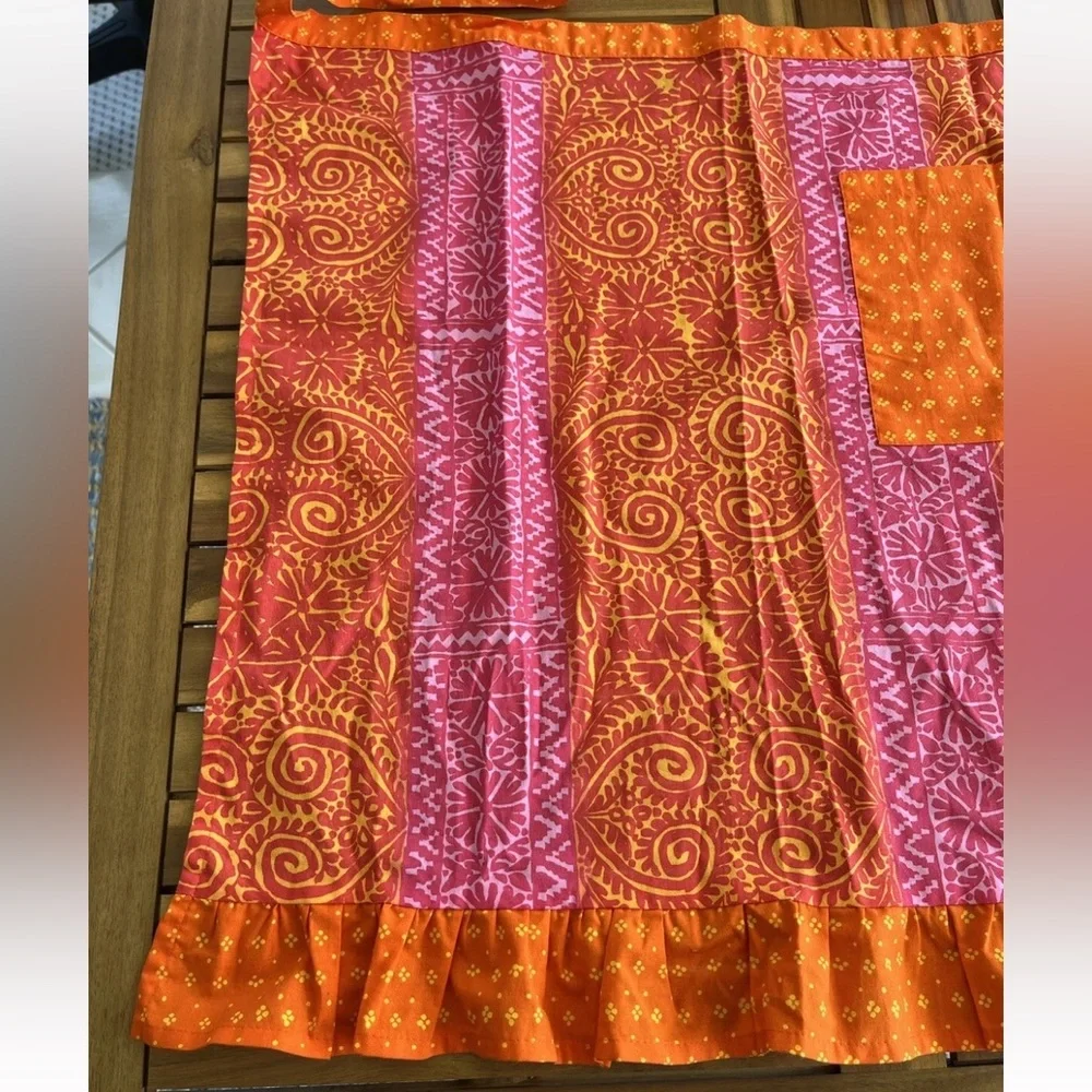Marimekko Anthropologie Waist Apron Retro 50s 60s Red Orange Pink Pocket Kitchen